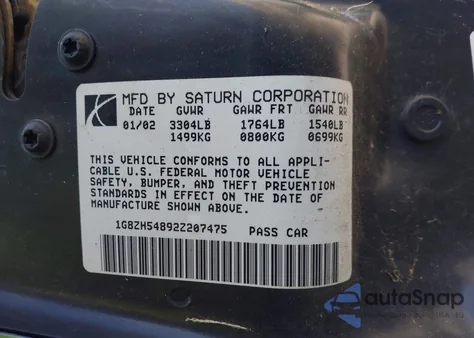 2002 Saturn S-Series Sl1 z USA, uszkodzony, nr VIN 1G8ZH54892Z207475